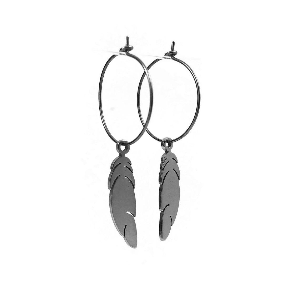 Feather hoop earrings - Hypoallergenic pure titanium and stainless steel jewelry - Tarnish free