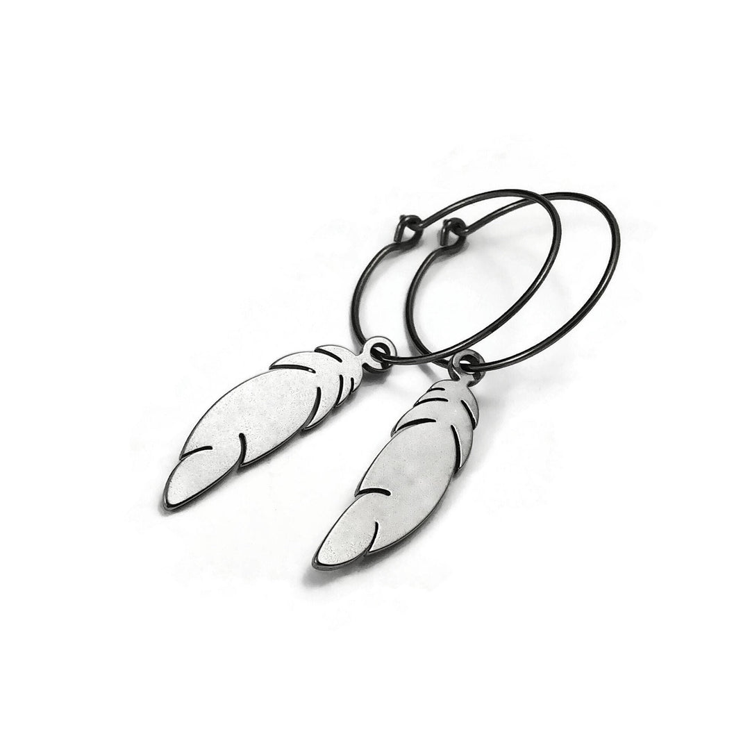Feather hoop earrings - Hypoallergenic pure titanium and stainless steel jewelry - Tarnish free