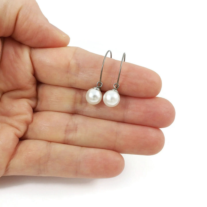 Minimalist pearl hoop earrings, Hypoallergenic pure titanium jewelry, Implant grade safe for sensitive ears