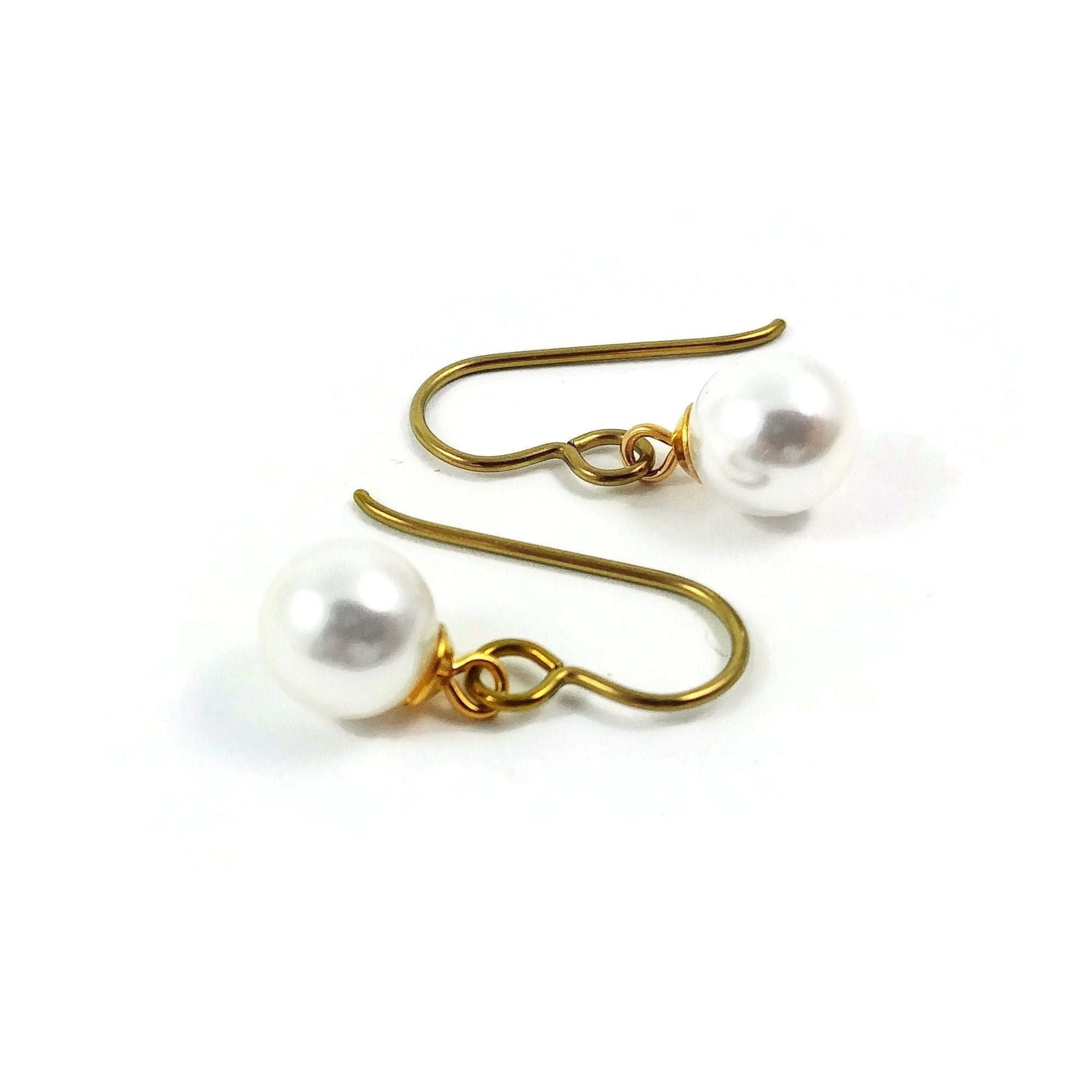 Gold pearl drop earrings Hypoallergenic pure niobium jewelry