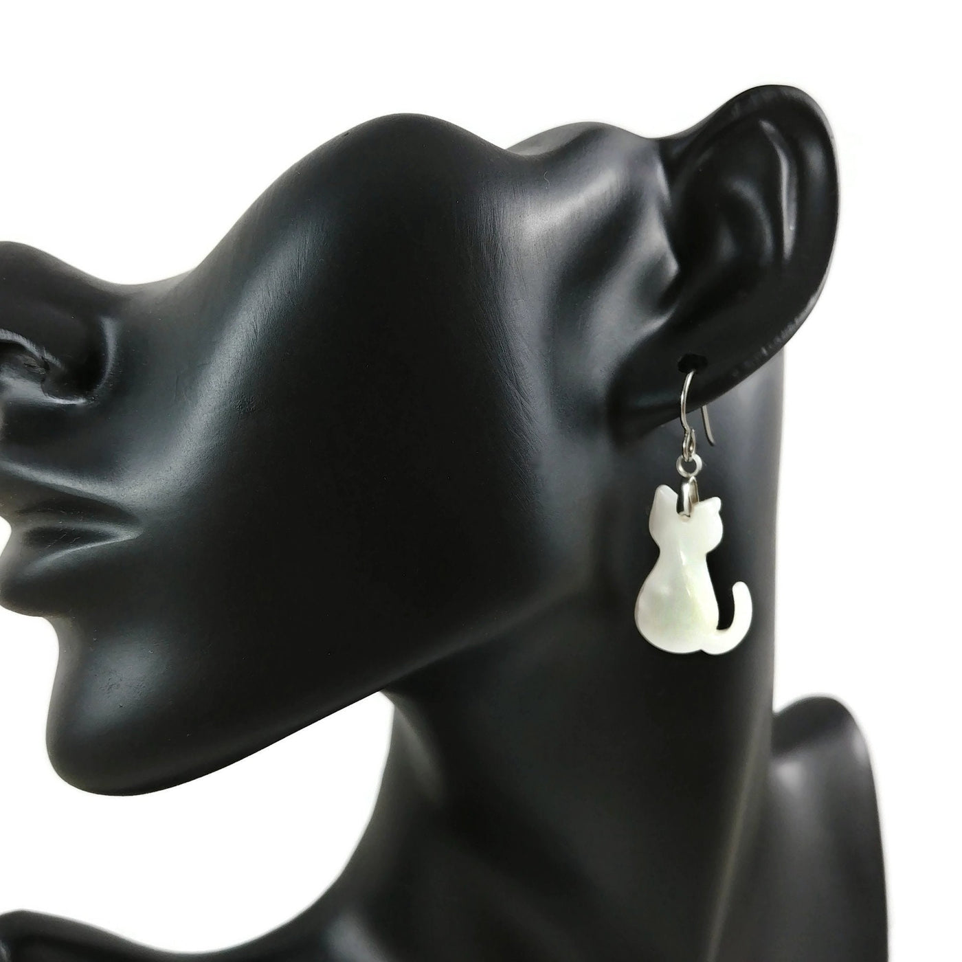 Fun cat earrings, Hypoallergenic pure titanium jewelry, White acrylic dangle earrings