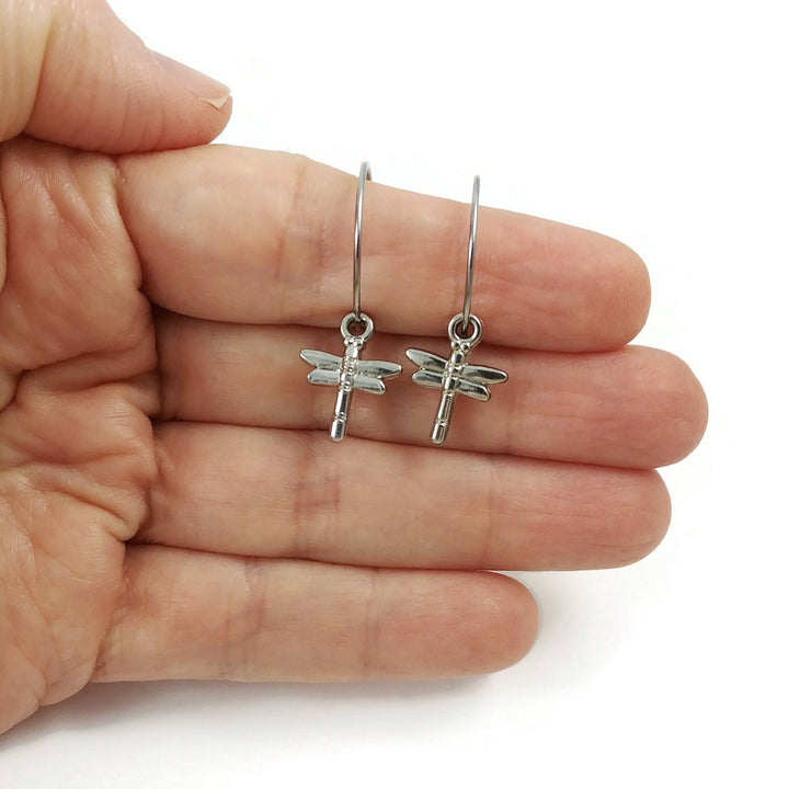 Dragonfly hoop earrings, Hypoallergenic implant grade titanium jewelry, Lightweight everyday charms earrings