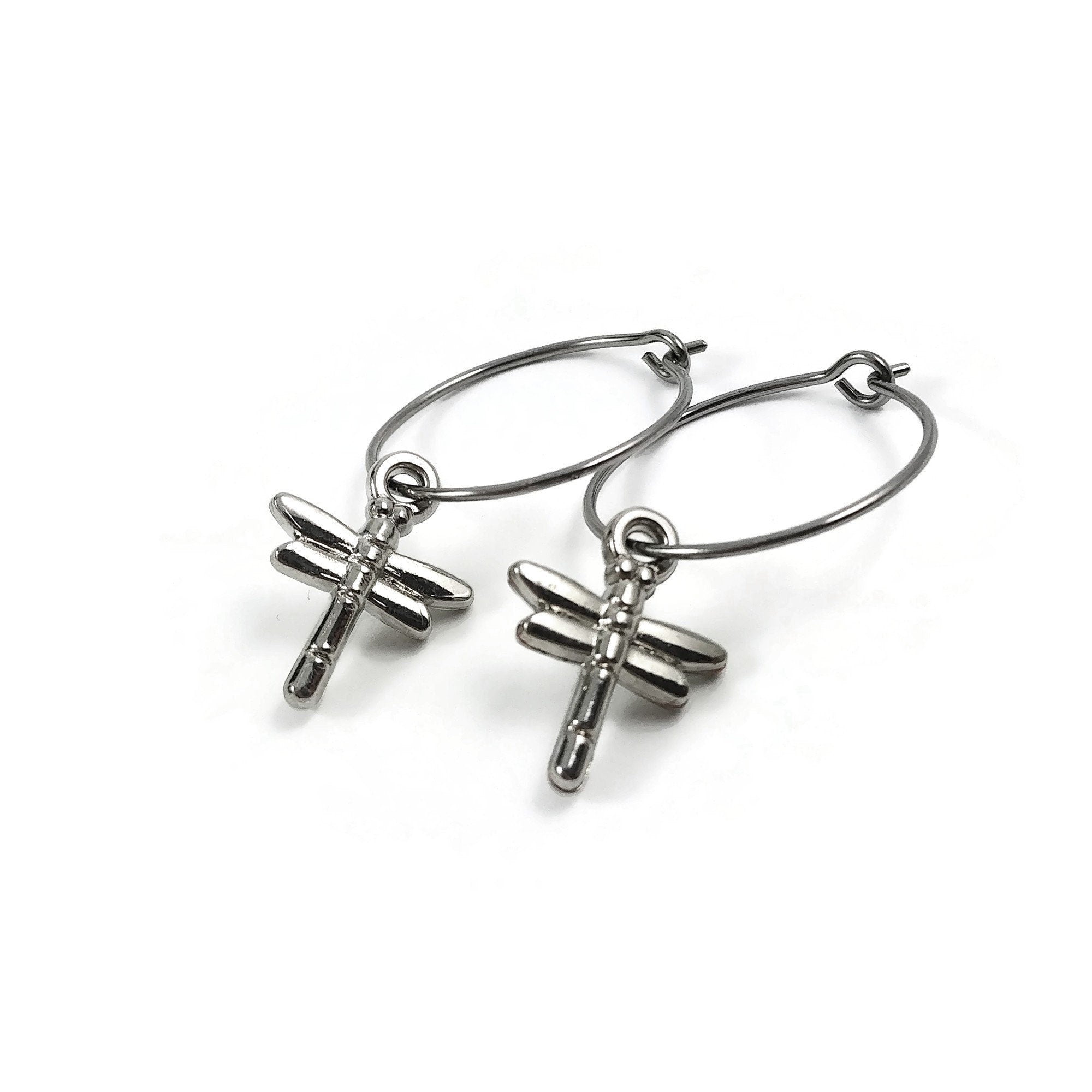 Dragonfly hoop earrings, Hypoallergenic implant grade titanium jewelry, Lightweight everyday charms earrings