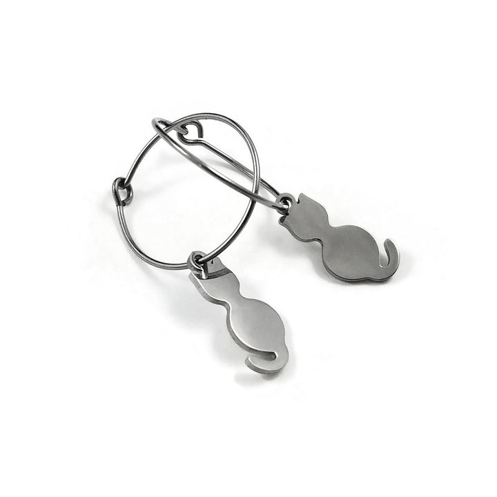 Cat silhouette hoop earrings, Implant grade pure titanium jewelry for sensitive ears, Tarnish free