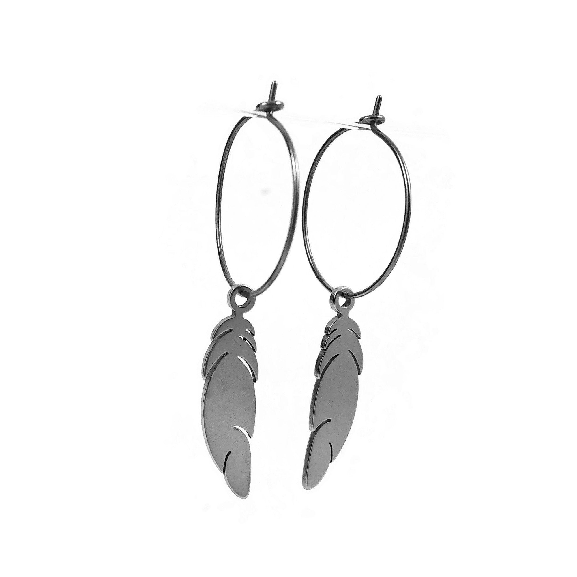 Feather hoop earrings - Hypoallergenic pure titanium and stainless steel jewelry - Tarnish free