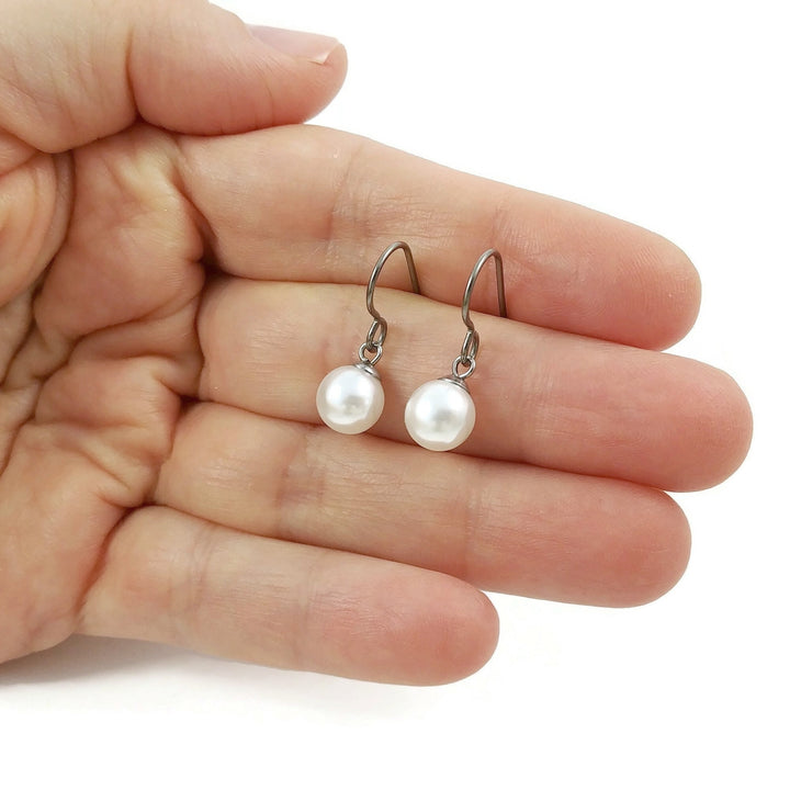 Minimalist pearl drop earrings, Hypoallergenic pure titanium jewelry, Implant grade safe for sensitive ears