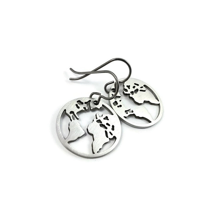 Silver world map dangle earrings, Hypoallergenic pure titanium and stainless steel, Travel gift jewelry