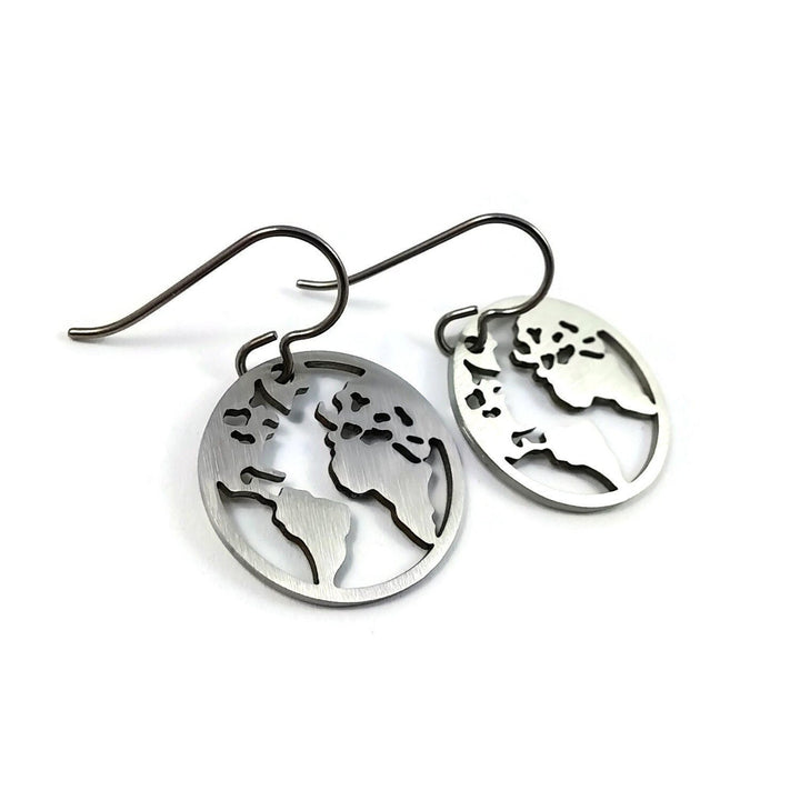 Silver world map dangle earrings, Hypoallergenic pure titanium and stainless steel, Travel gift jewelry
