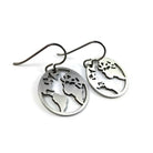 Silver world map dangle earrings, Hypoallergenic pure titanium and stainless steel, Travel gift jewelry