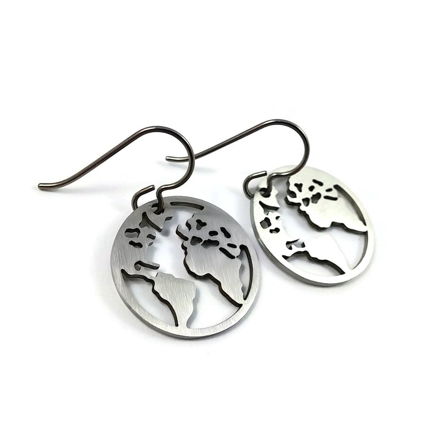 Silver world map dangle earrings, Hypoallergenic pure titanium and stainless steel, Travel gift jewelry