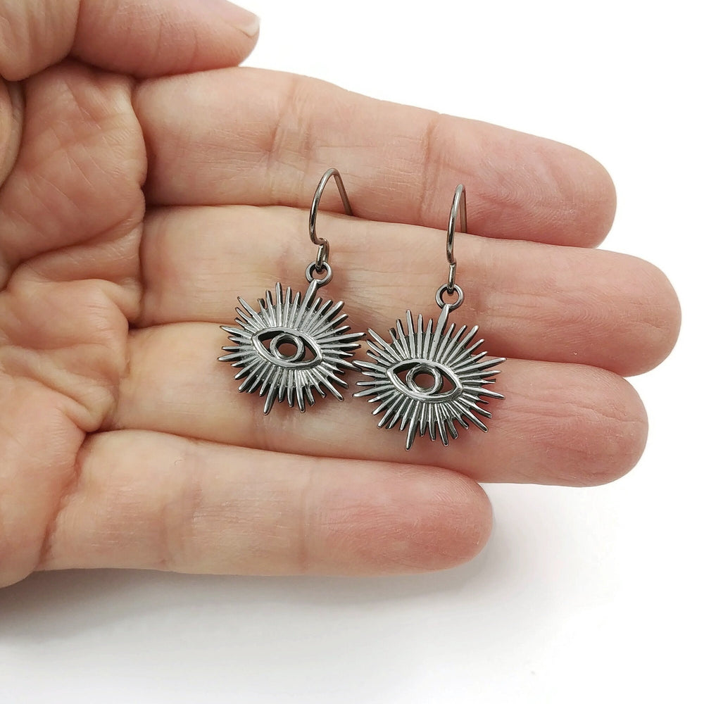 Evil eye statement earrings, Pure implant grade titanium for sensitive ears, Protection jewelry gift