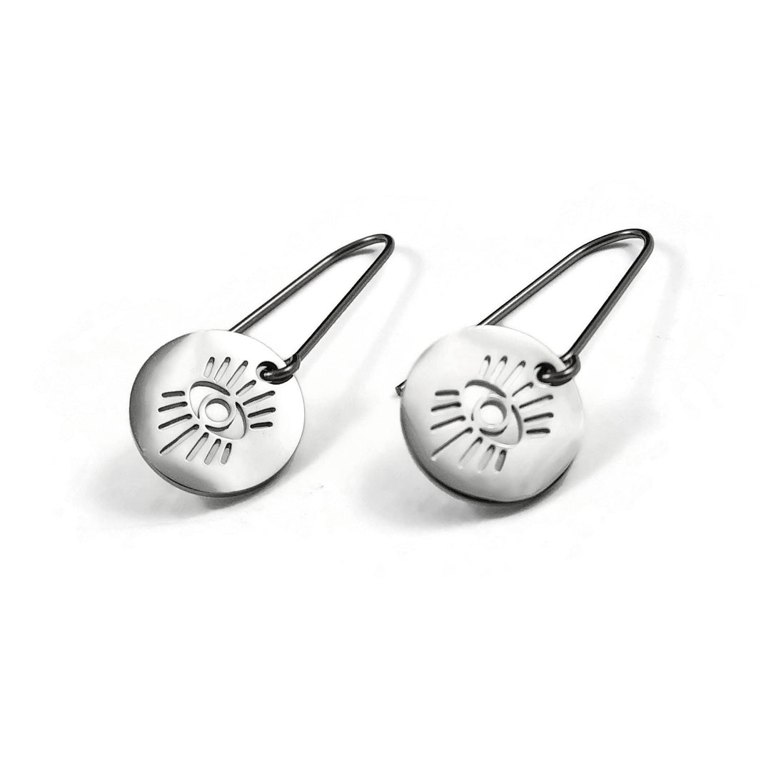 Evil eye coin earrings, Pure implant grade titanium for sensitive ears, Protection jewelry gift, Threader earrings