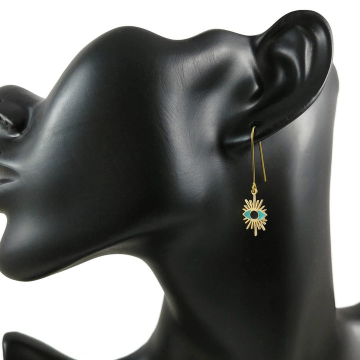Evil eye minimalist earrings, Gold niobium for sensitive ears, Protection jewelry gift, Threader dainty earrings