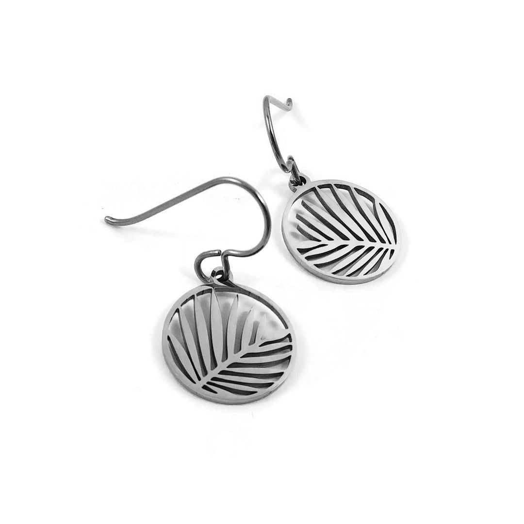 Titanium palm leaf drop earrings, Silver hypoallergenic jewelry, Pure implant grade for sensitive ears
