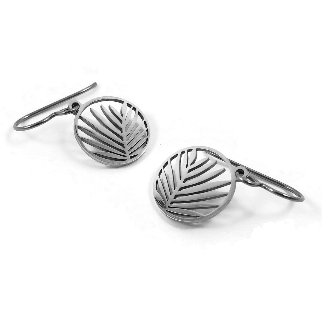 Titanium palm leaf drop earrings, Silver hypoallergenic jewelry, Pure implant grade for sensitive ears