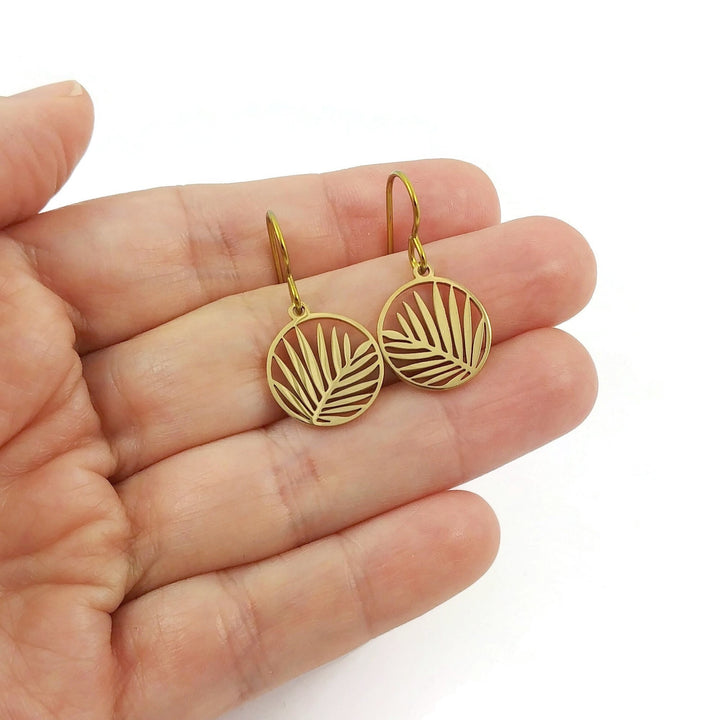 Niobium palm leaf drop earrings, Gold hypoallergenic jewelry, Pure implant grade for sensitive ears