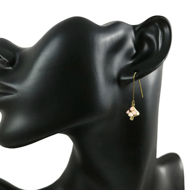 Cute dainty mushroom earrings, Cottagecore gold and pink drop earrings, Hypoallergenic pure niobium jewelry