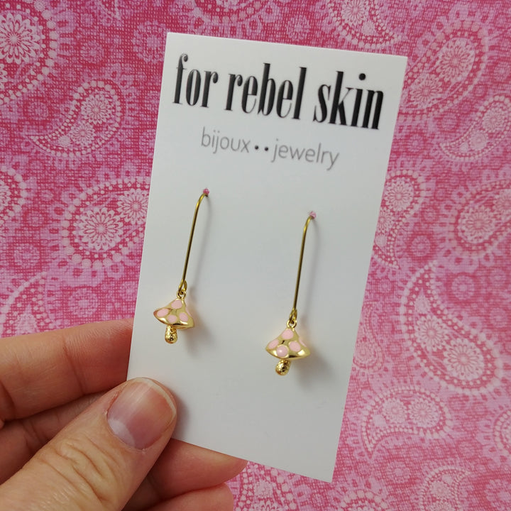 Cute dainty mushroom earrings, Cottagecore gold and pink drop earrings, Hypoallergenic pure niobium jewelry