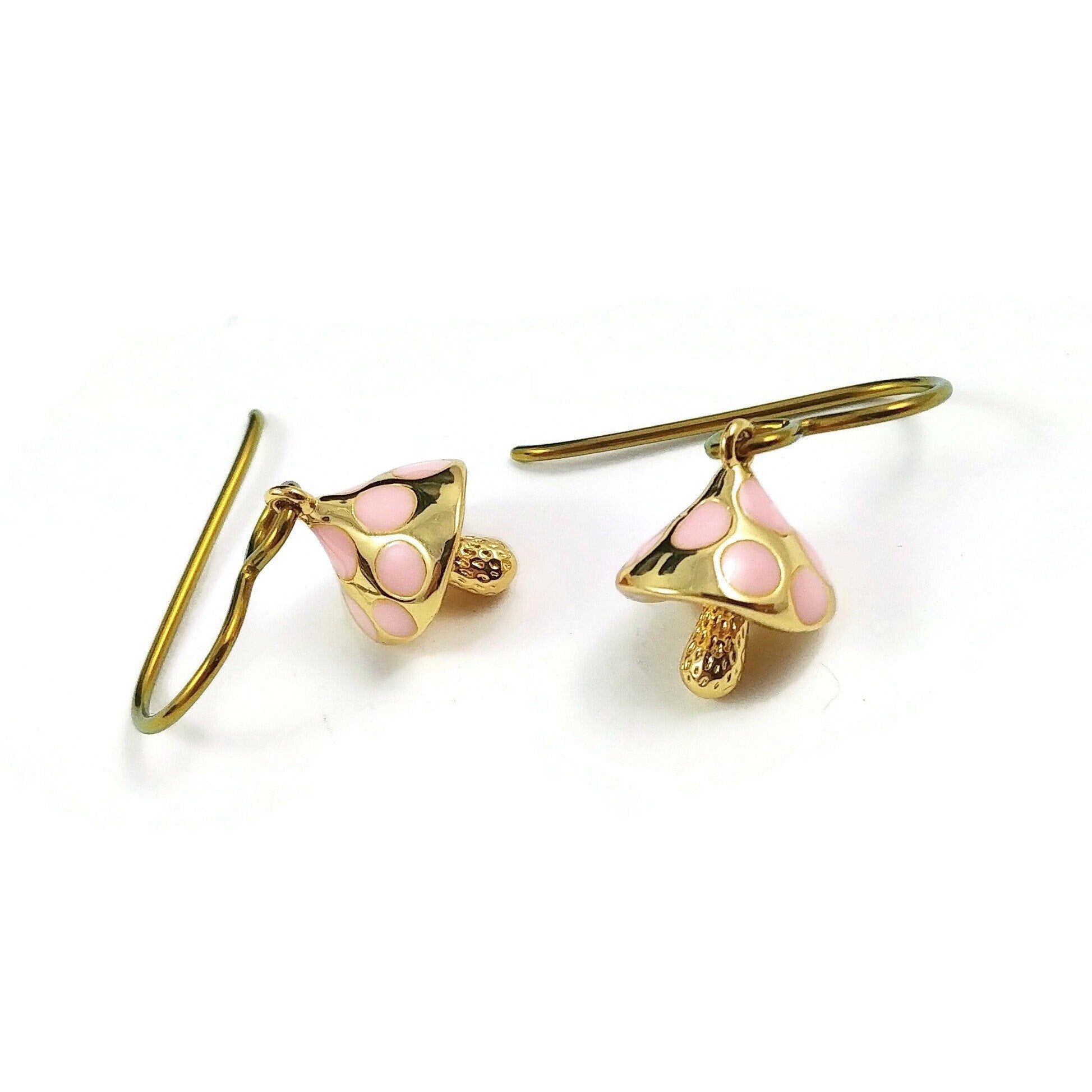 Cute dainty mushroom earrings, Cottagecore gold and pink drop earrings, Hypoallergenic pure niobium jewelry