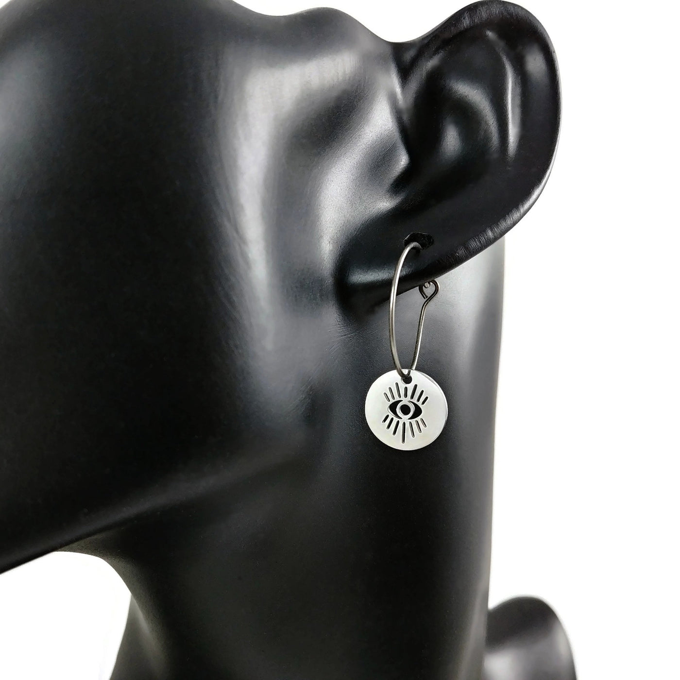 Evil eye coin earrings, Pure implant grade titanium for sensitive ears, Protection jewelry gift, Hoop earrings