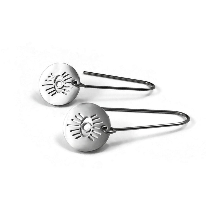 Evil eye coin earrings, Pure implant grade titanium for sensitive ears, Protection jewelry gift, Threader earrings