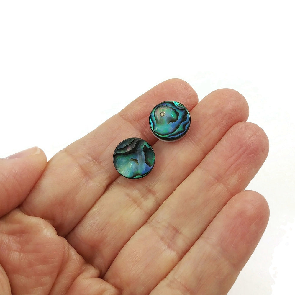 Abalone shell stud earrings, Pure implant grade titanium jewelry