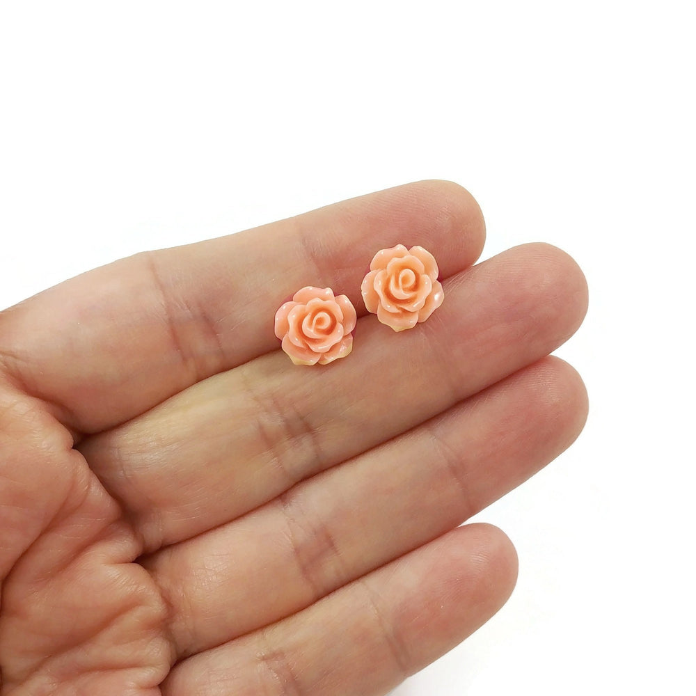Coral flower earrings, Hypoallergenic bridesmaids titanium earrings, Vintage flower rose studs