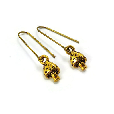 Minimalist mushroom drop earrings, Dainty gold cottagecore earrings, Pure niobium threader for sensitive ears