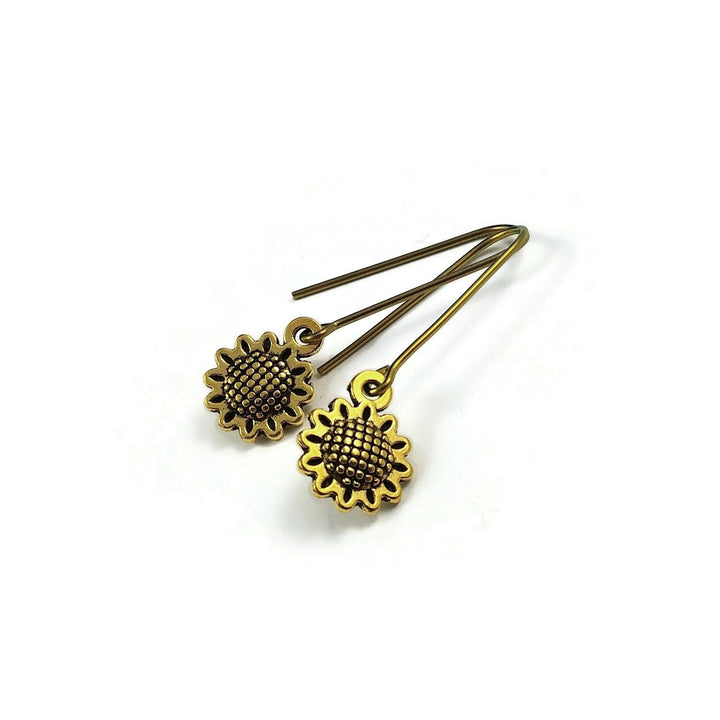 Minimalist sunflower drop earrings, Dainty summer floral earrings, Pure niobium threader for sensitive ears