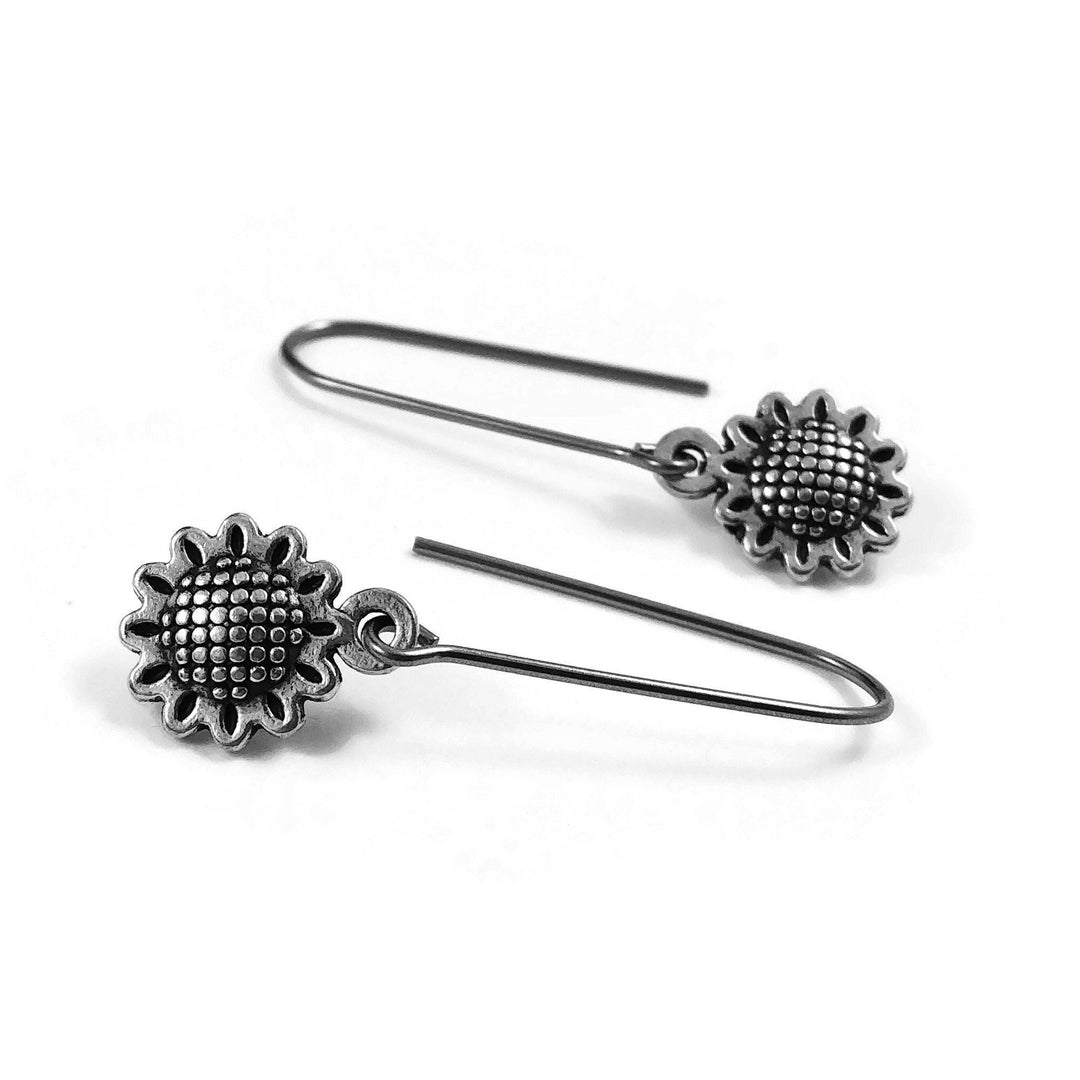 Minimalist sunflower drop earrings, Dainty summer floral earrings, Pure niobium threader for sensitive ears