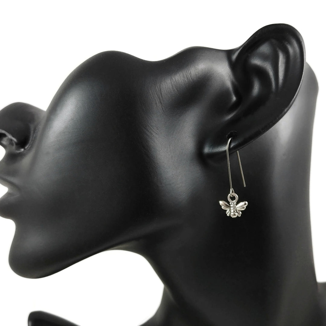 Minimalist bee drop earrings, Dainty summer insect earrings, Pure niobium threader for sensitive ears