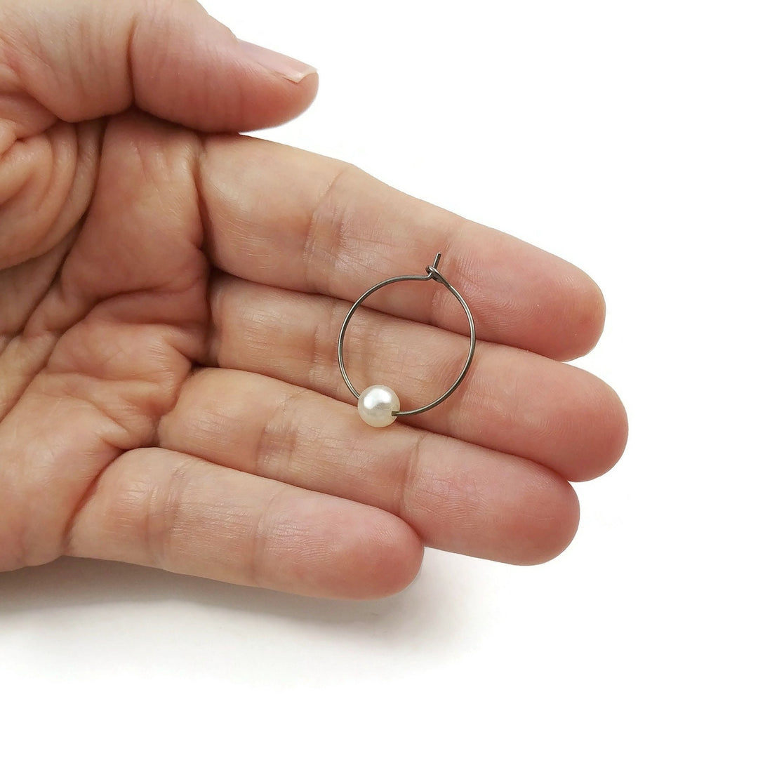 Pearl bead titanium hoop earrings, Hypoallergenic handmade jewelry, Lightweight earrings for sensitive ears