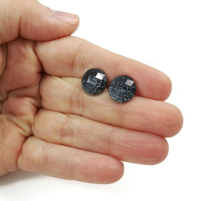Midnight black and silver faceted glitter stud earrings - Hypoallergenic pure titanium and resin