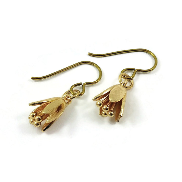 Gold plated bell flower drop earrings - Pure niobium hypoallergenic nickel free jewelry