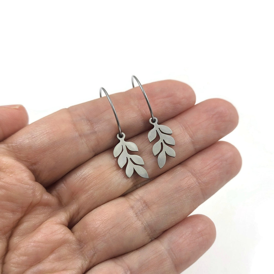 Botanical hoop earrings, Implant grade pure titanium jewelry for sensitive ears, Tarnish free