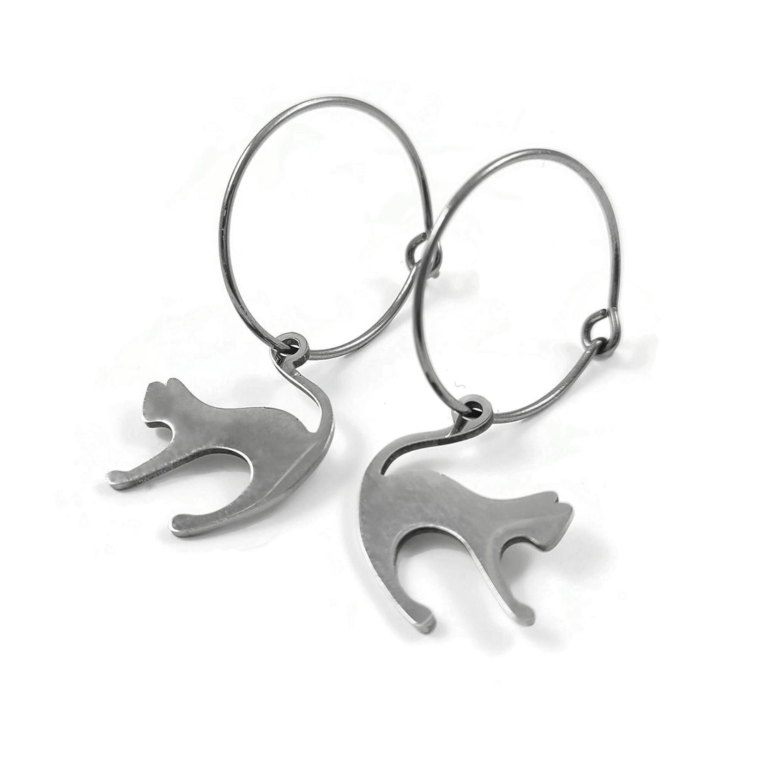 Fun cat hoop earrings, Implant grade pure titanium jewelry for sensitive ears, Tarnish free