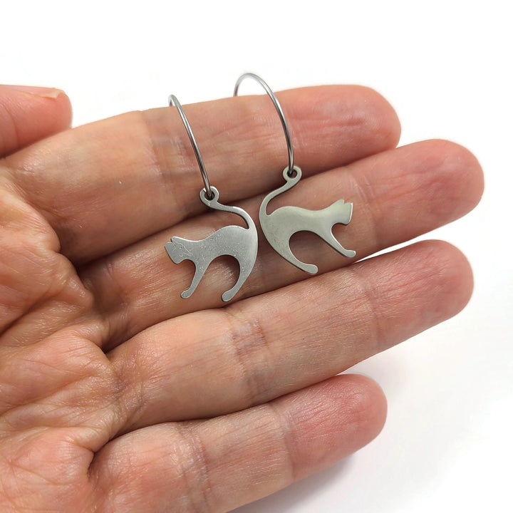 Fun cat hoop earrings, Implant grade pure titanium jewelry for sensitive ears, Tarnish free