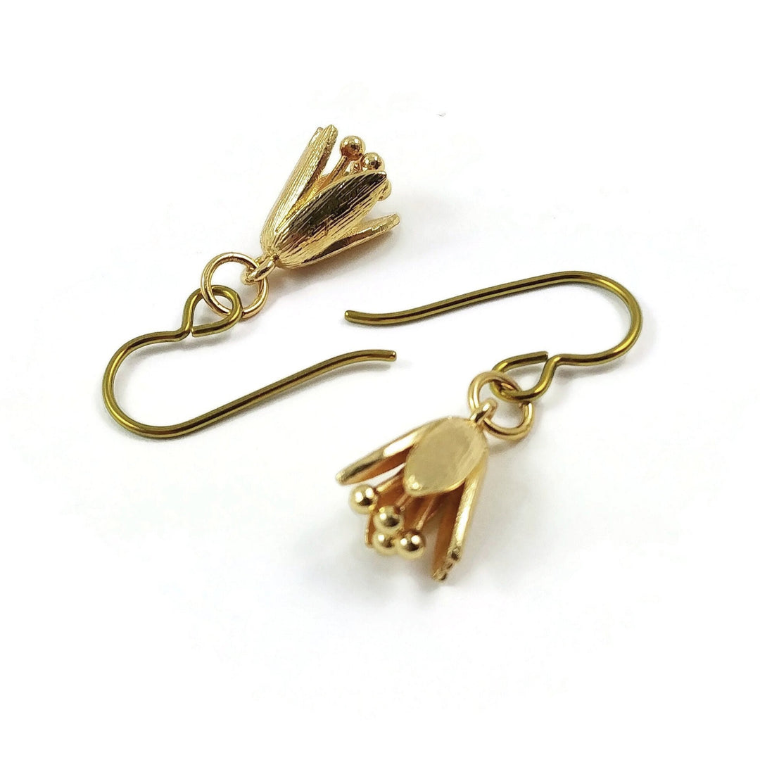 Gold plated bell flower drop earrings - Pure niobium hypoallergenic nickel free jewelry