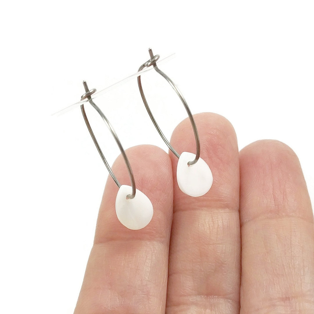 Pearl white drop hoop earrings, Hypoallergenic pure titanium jewelry, Implant grade safe for sensitive ears