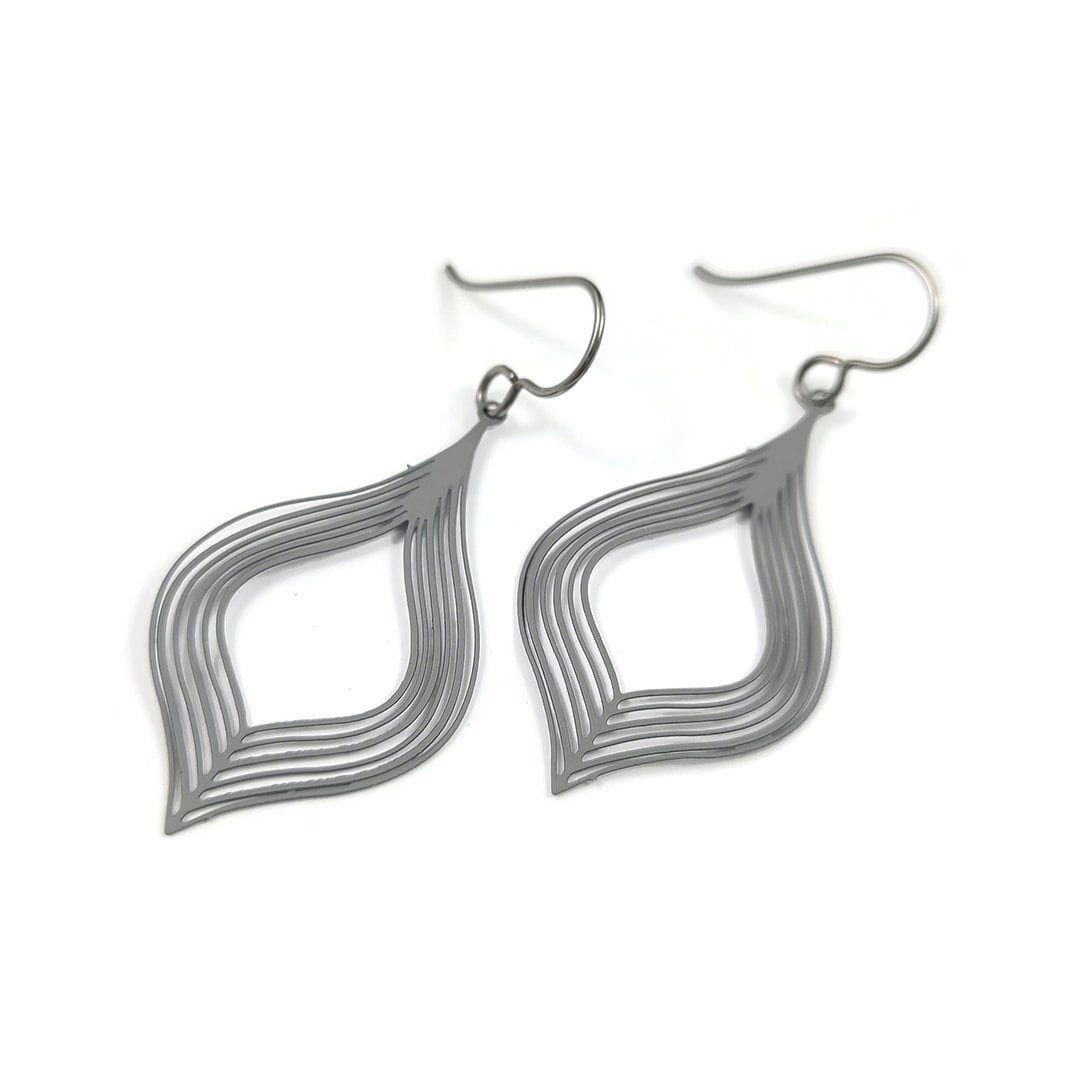Gray ellipse titanium earrings, Hypoallergenic oval dangle earrings, Lightweight filigree jewelry