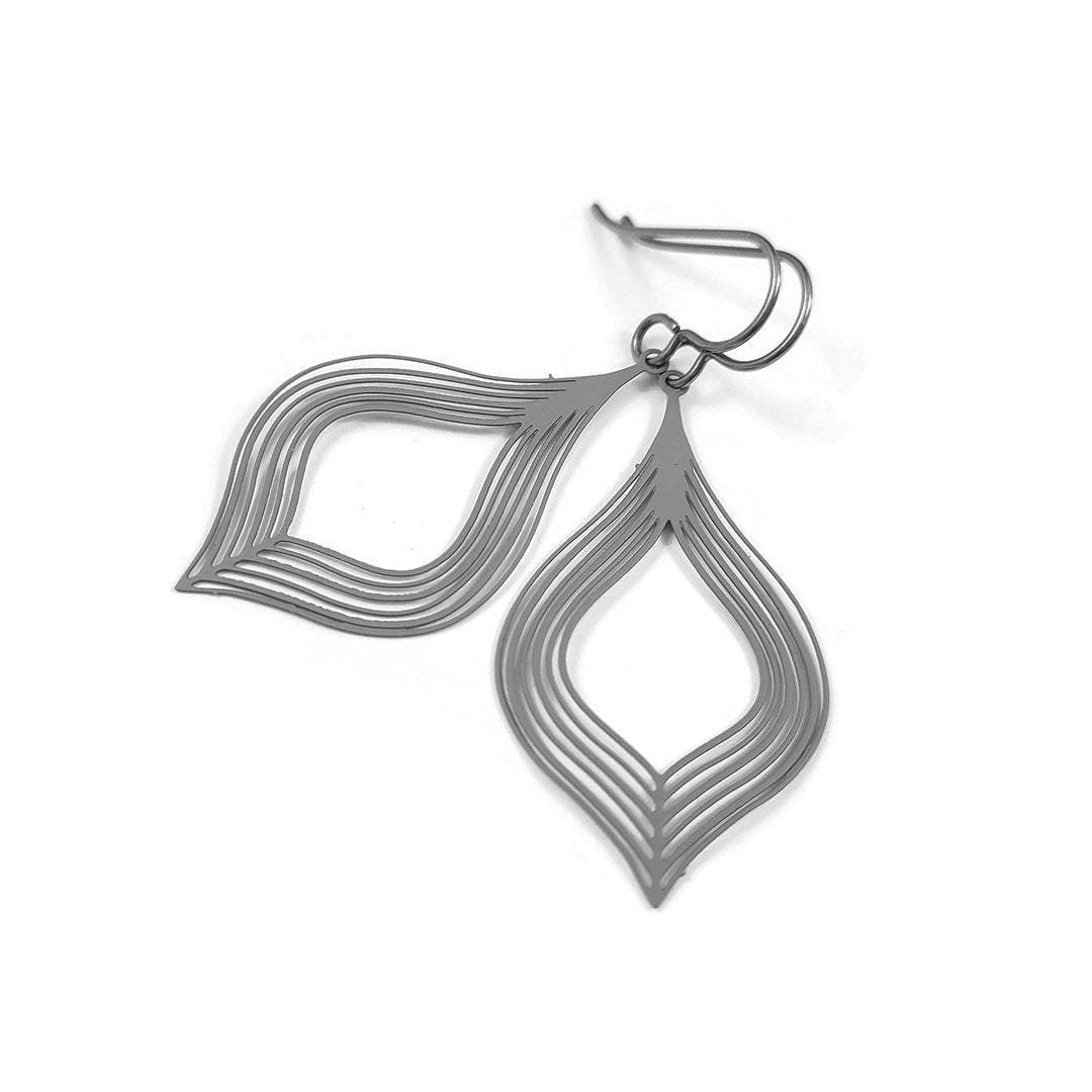 Gray ellipse titanium earrings, Hypoallergenic oval dangle earrings, Lightweight filigree jewelry