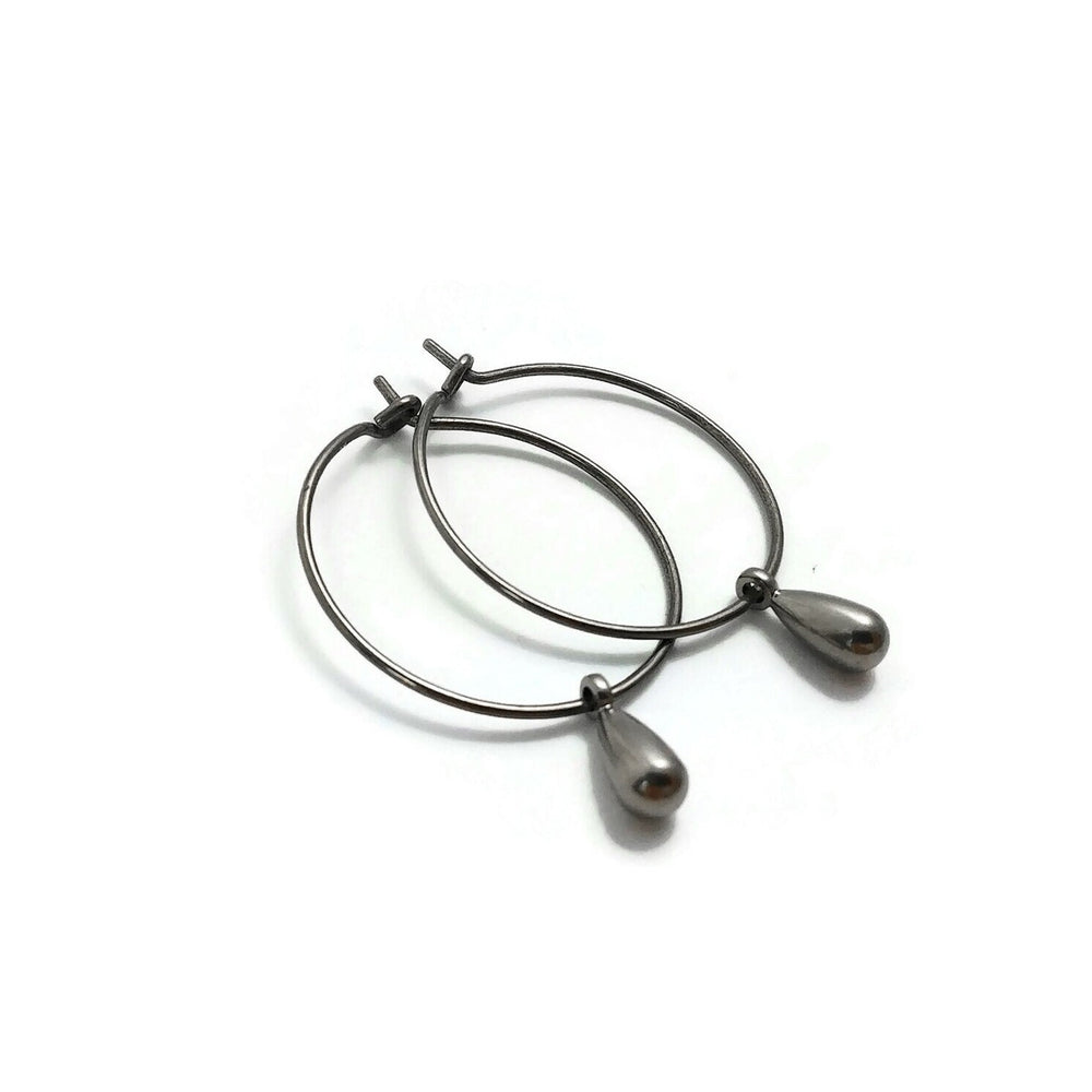 Titanium hoops with drop charms, Implant grade for sensitive ears, Waterproof tarnish free jewelry