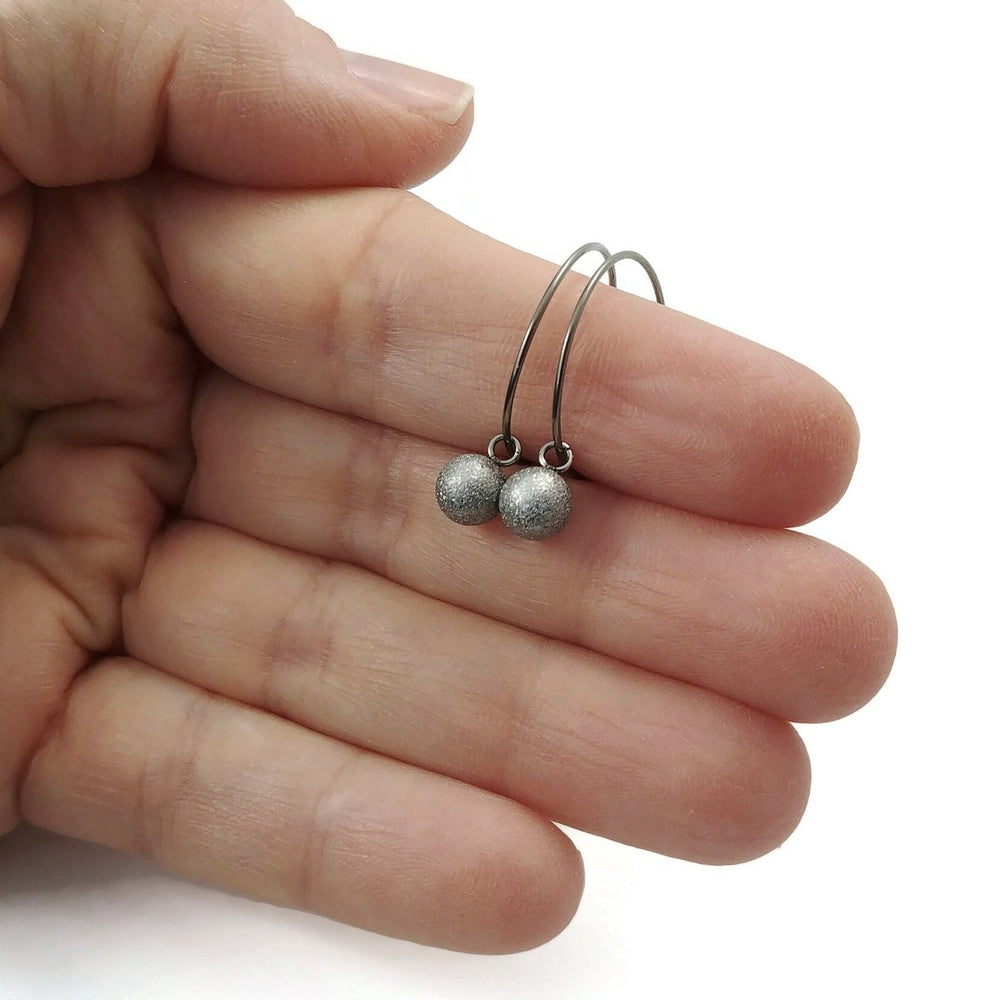 Titanium hoops with frosted ball charms, Hypoallergenic jewelry, Minimalist earrings for sensitive ears