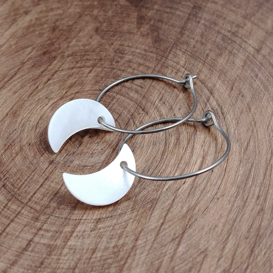 Pearl white moon hoop earrings, Hypoallergenic pure titanium jewelry, Implant grade safe for sensitive ears