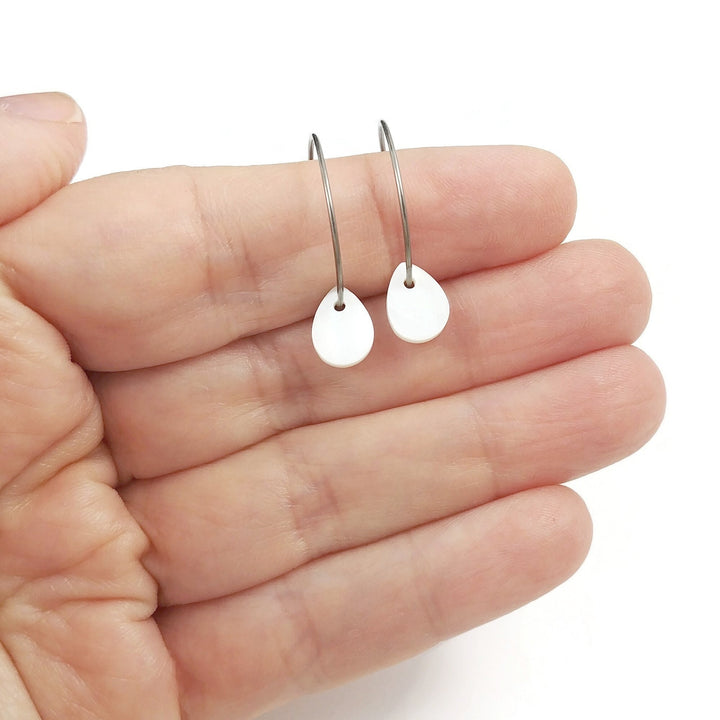 Pearl white drop hoop earrings, Hypoallergenic pure titanium jewelry, Implant grade safe for sensitive ears