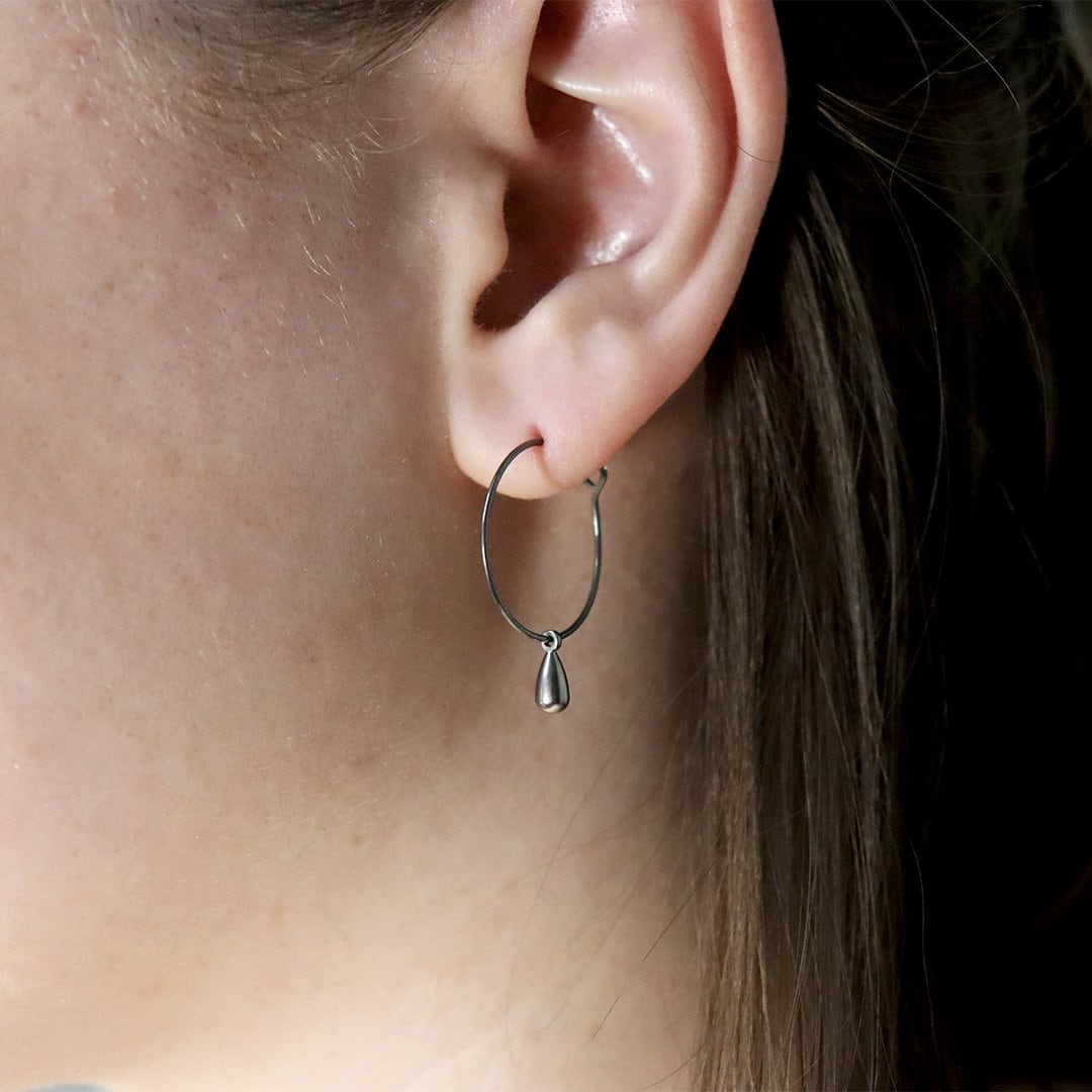 Titanium hoops with drop charms, Implant grade for sensitive ears, Waterproof tarnish free jewelry