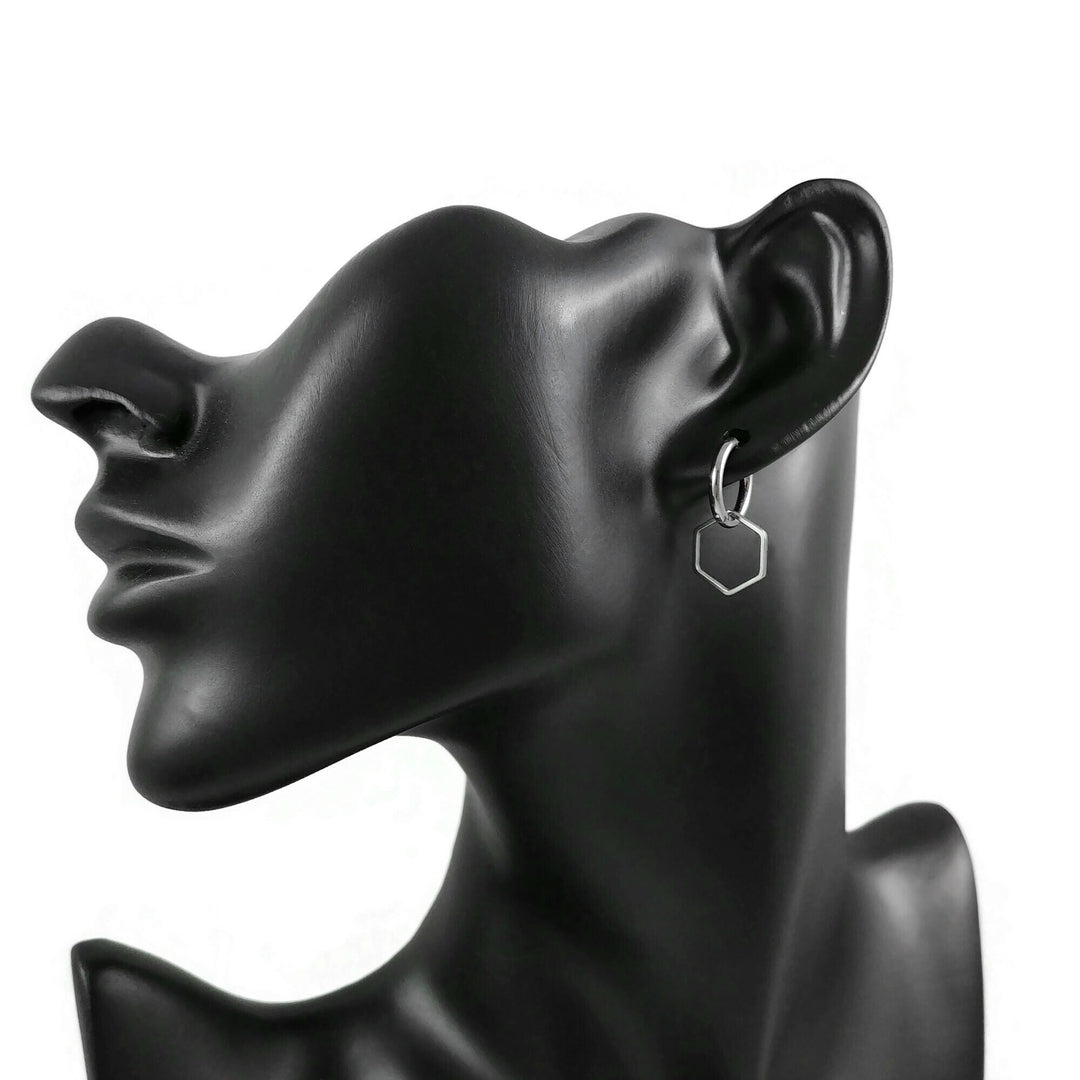 Drop hexagon hoop earrings, Implant grade pure titanium jewelry for sensitive ears, Tarnish free
