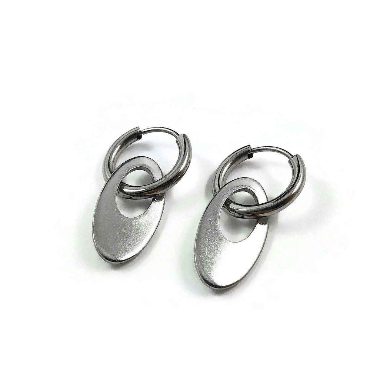 Oval drop hoop earrings, Implant grade pure titanium jewelry for sensitive ears, Tarnish free