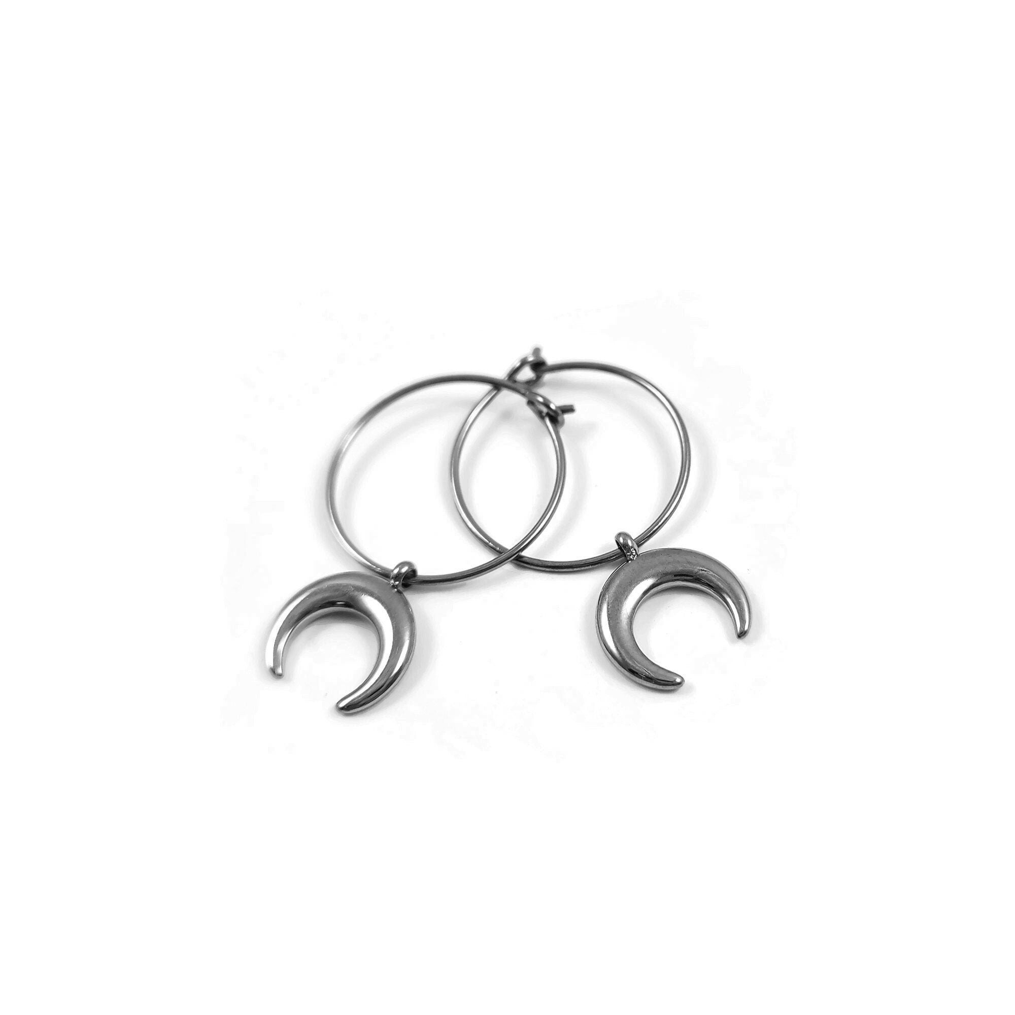 Moon hoop earrings, Pure implant grade titanium for sensitive ears, Minimalist celestial earrings