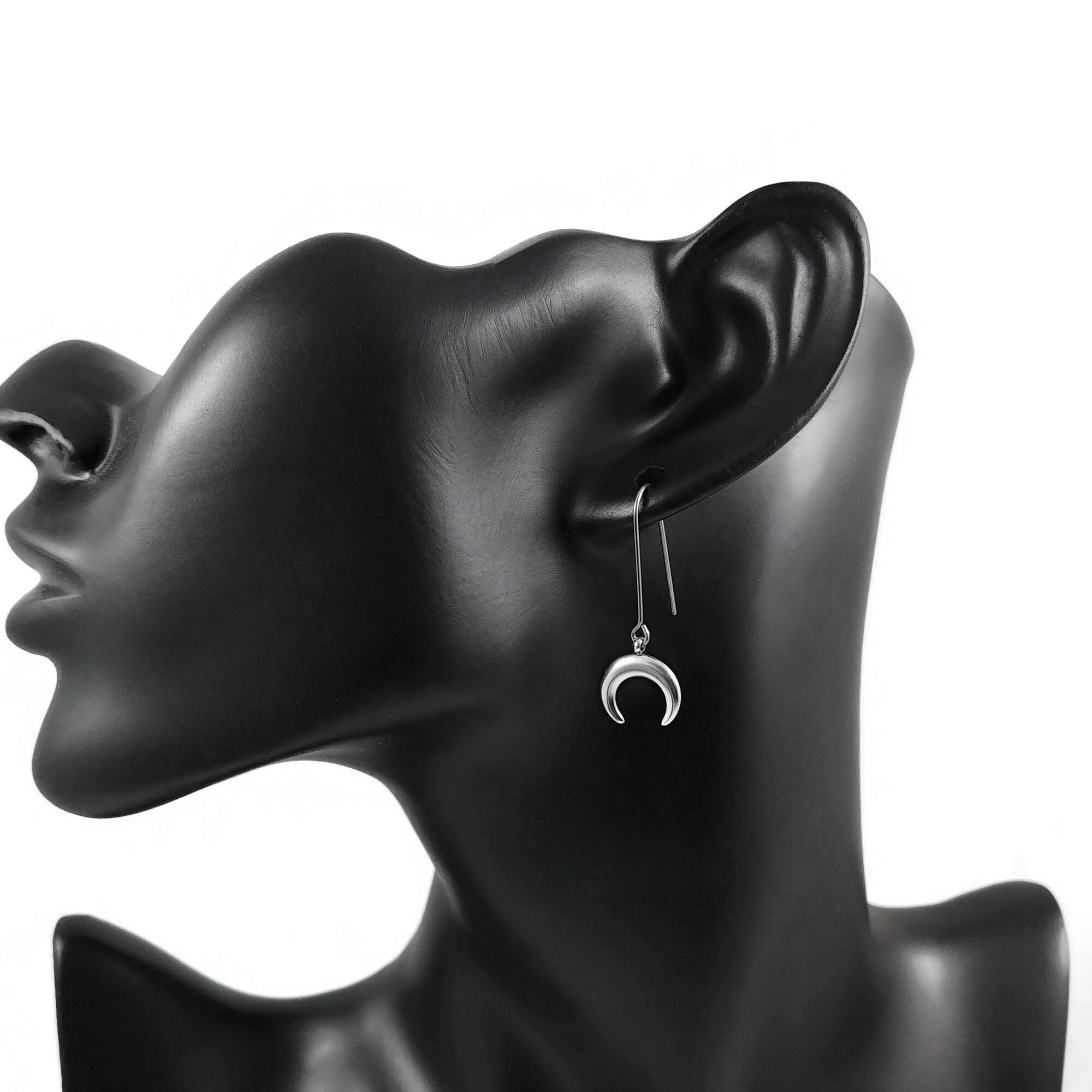 Crescent moon earrings, Pure niobium threaders, Minimalist jewelry